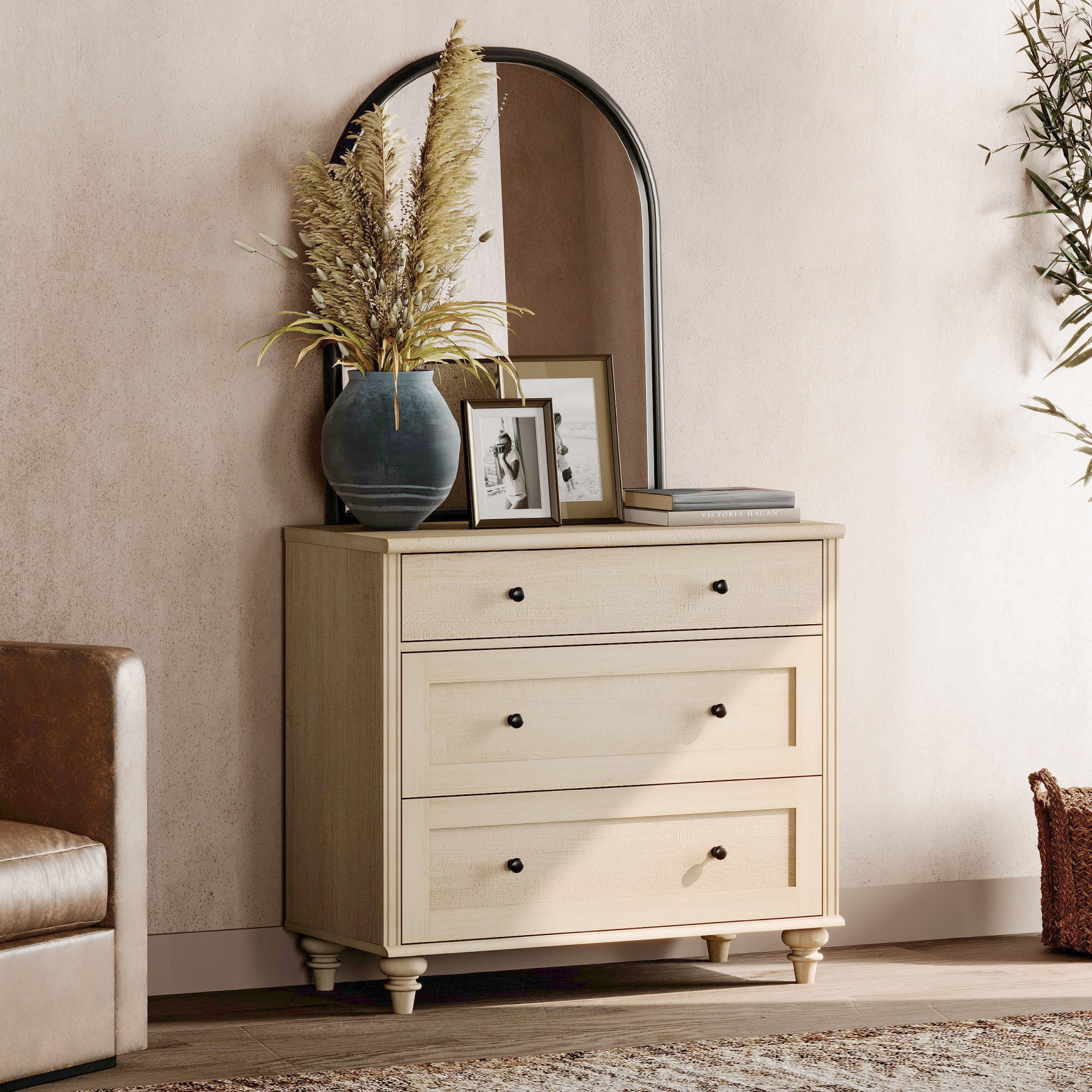 3-Drawer Beige Dresser, Modern Wooden Cabinet for Bedroom Nursery Hallway