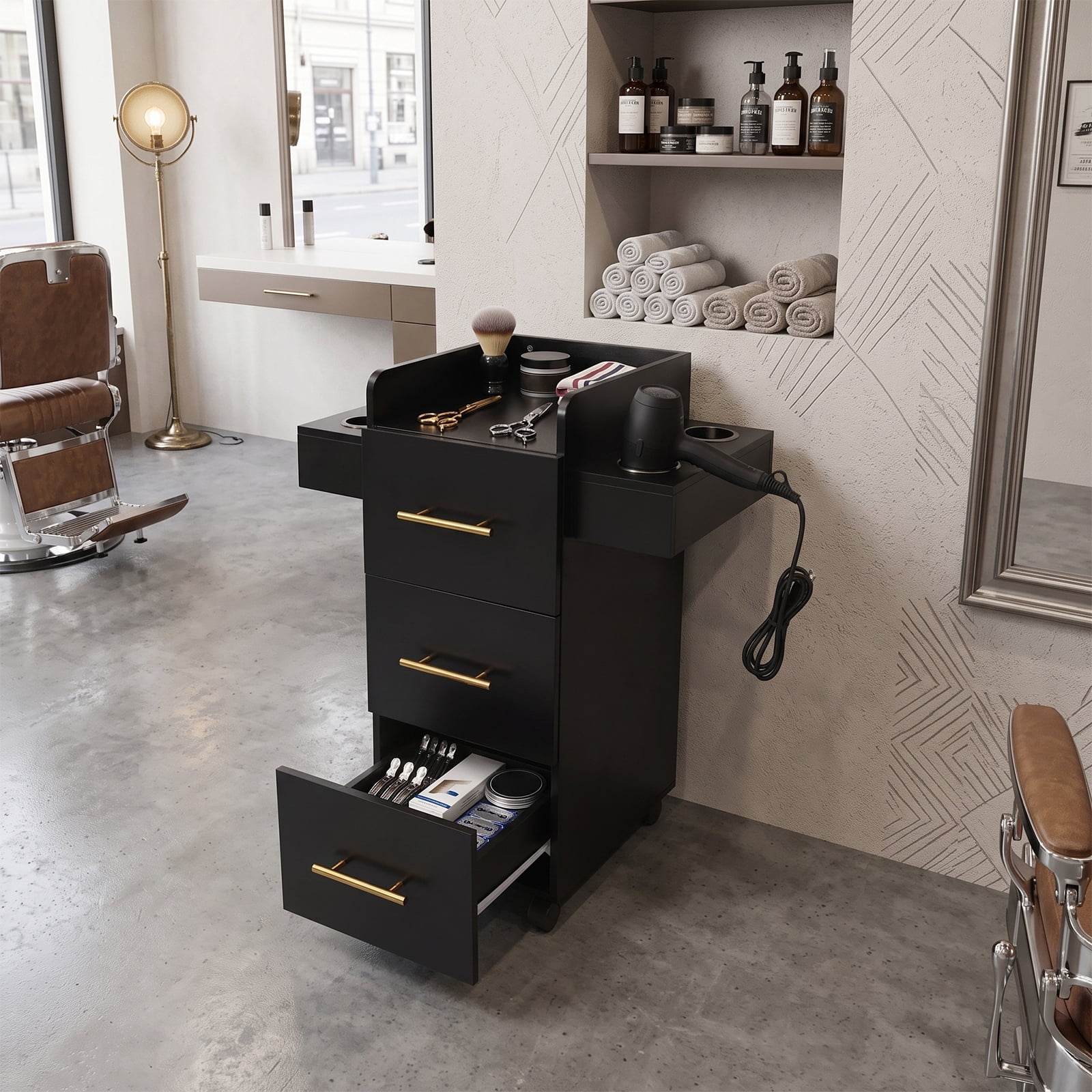 3 Drawer Black Gold Rolling Salon Cart with Hair Dryer Racks for Hair ...