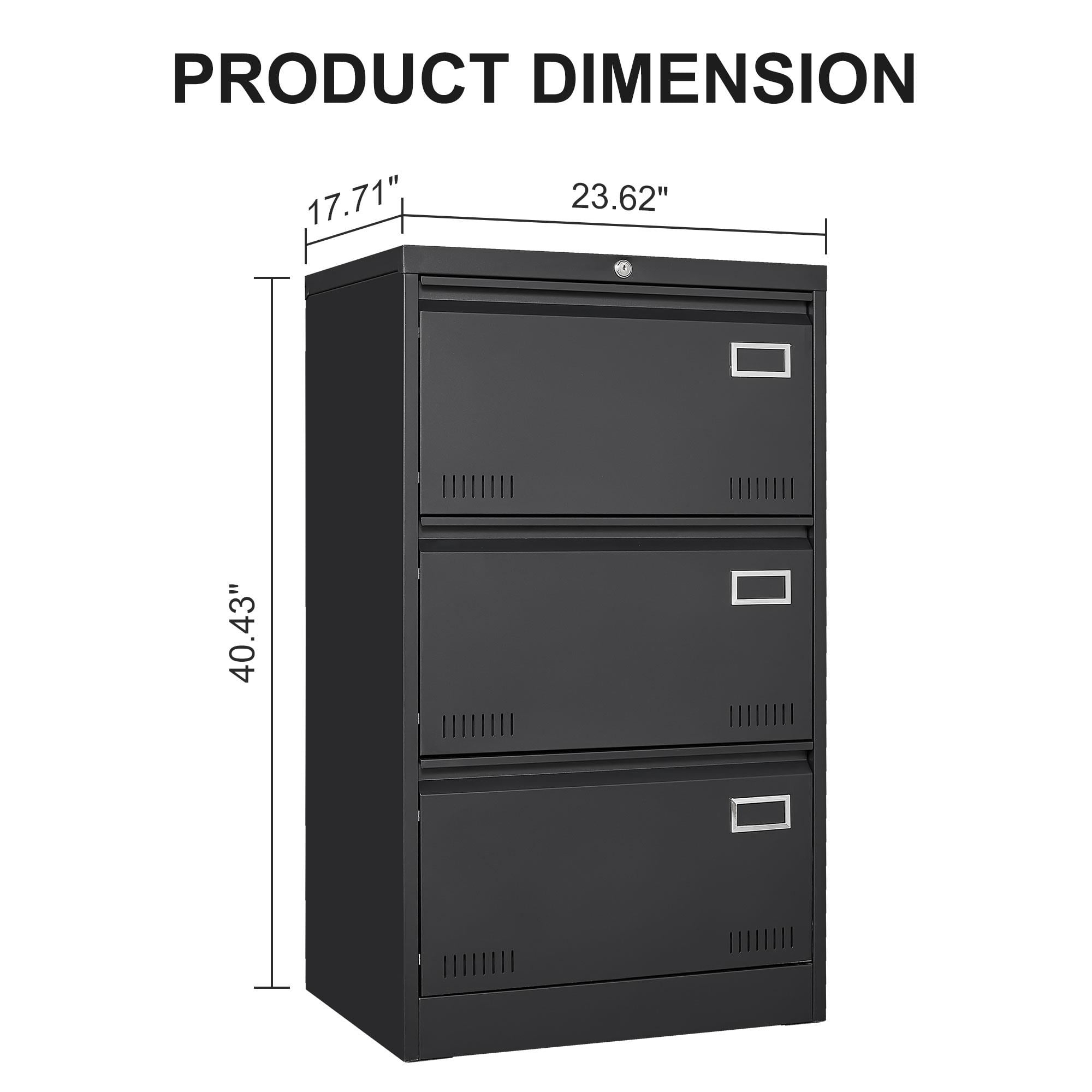 Black 3-Drawer Lockable Metal Lateral File Cabinet