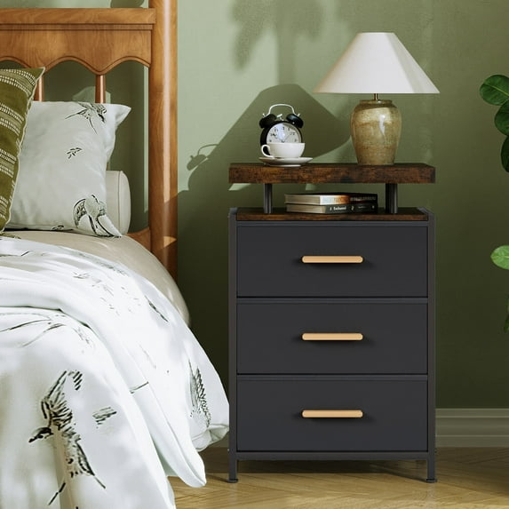 Puredashio Black Nightstand with LED Lights , 3 - Drawer Black and Gold Side Table, Easy Assembly, Adjustable Feet