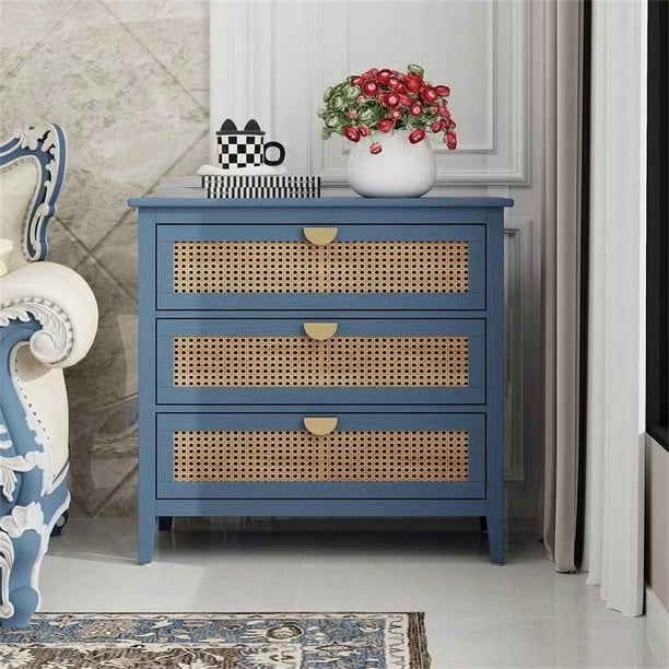 blue rattan dresser 3 Drawer Cabinet, Modern Rattan Nightstand Dresser Chest with Wide Drawers  and Metal Handles, Farmhouse Wood Storage Organizer for Bedroom, Living