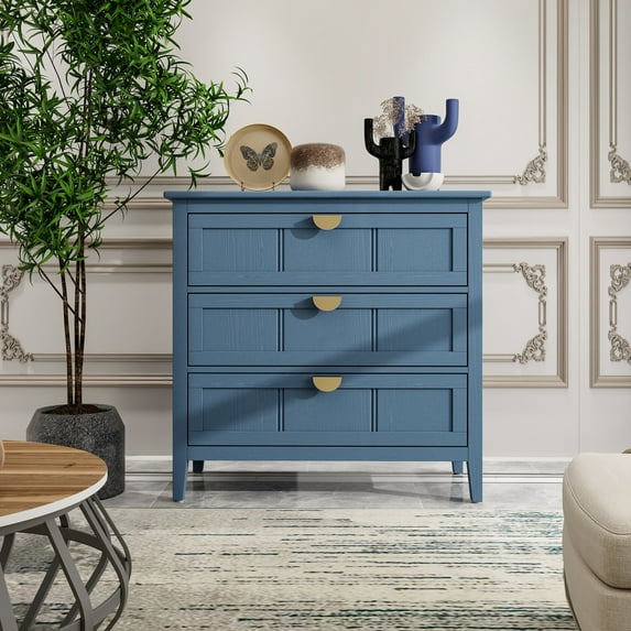 3-Drawer Cabinet, Retro Style Sideboard with Metal Handle, Vintage Storage Cabinet for Entrance, Dinning Room, Living Room, Blue