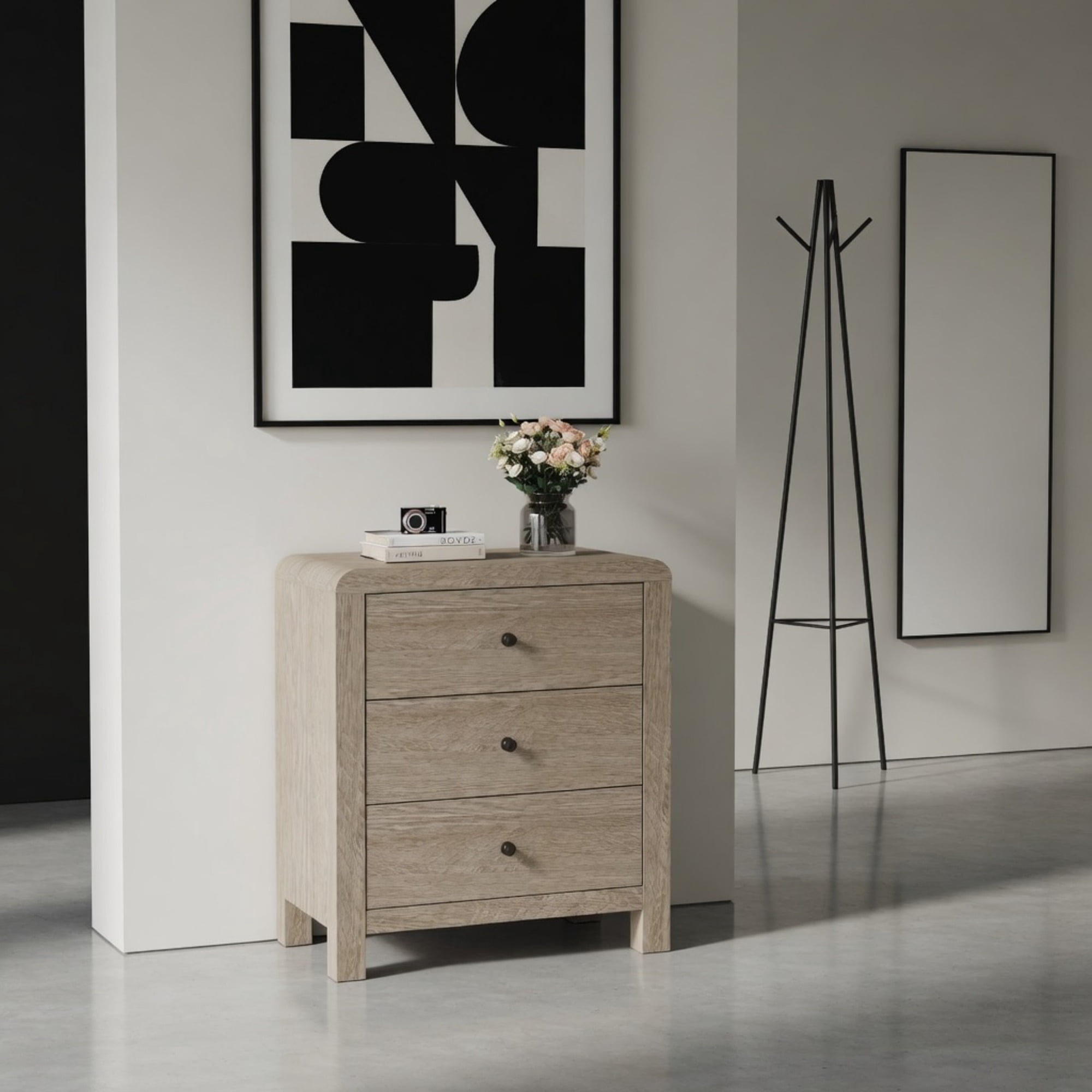 3 Drawer Chest of Drawers, Modern Rounded Corner Storage Dresser with Soft Close Drawers, P2 MDF Storage Cabinet for Bedroom Entryway Living Room