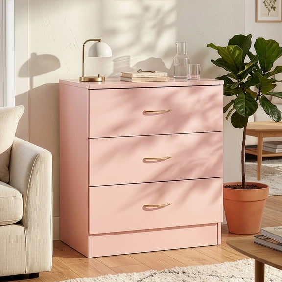 3-Drawer Chest with Faux Rose Gold Handles Drawer Dresser 22.05*12.99*25.98in Pink