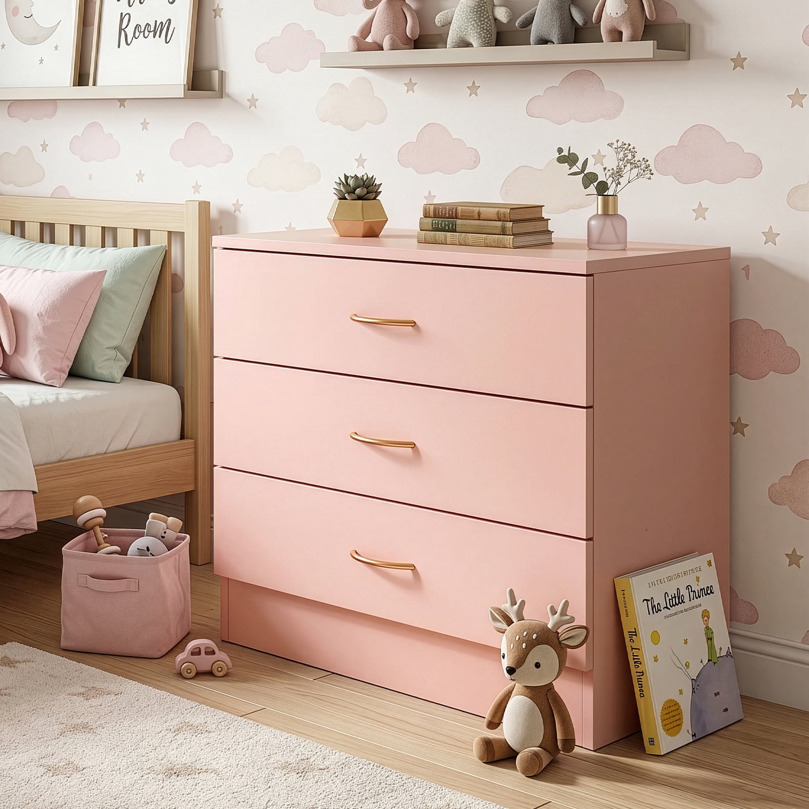 3-Drawer Chest with Faux Rose Gold Handles Drawer Dresser 25.98*12.99*22.05in Pink