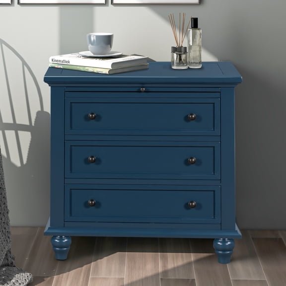 3-Drawer Chest with Pull out Tray, Wood Storage Dresser File Cabinet with Gourd Wood Legs, Blue