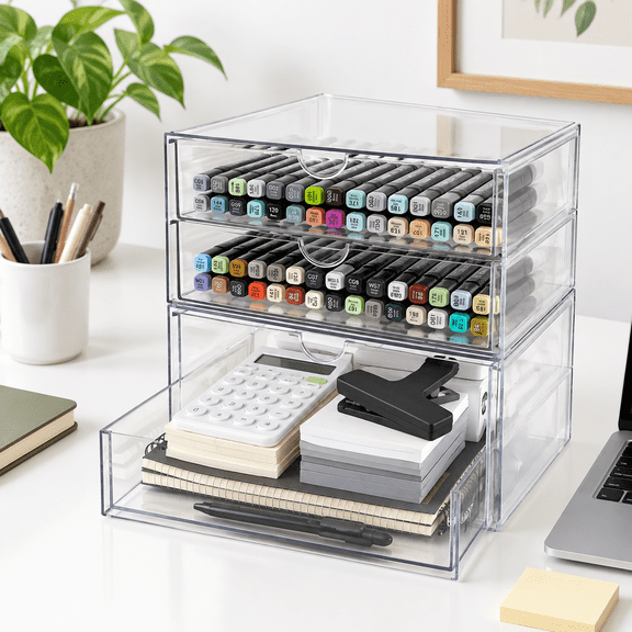 3 Drawer Clear Plastic Desktop Organizer, 2 Pack, Compact Storage for Home and Office