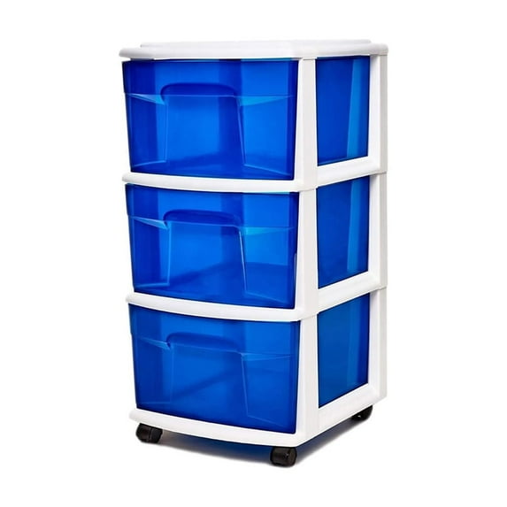 3 Drawer Clear Plastic Organizer, Compact Medium Home Storage Container, Utility Tower Bin with Detachable Caster Wheels for Office, School, Home and Beauty Salons, Blue