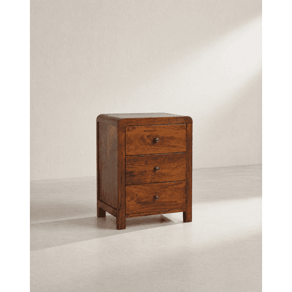 3 Drawer Compact Solid Mango Wood Nightstand, Rectangular Bedroom Storage Chest Cabinet for Tight Spaces