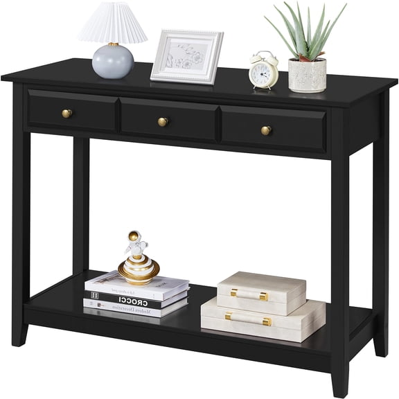 3-Drawer Console Table with Storage Shelf, Wood Entryway Sofa Table for Living Room Hallway Foyer, Long Narrow Design, Black