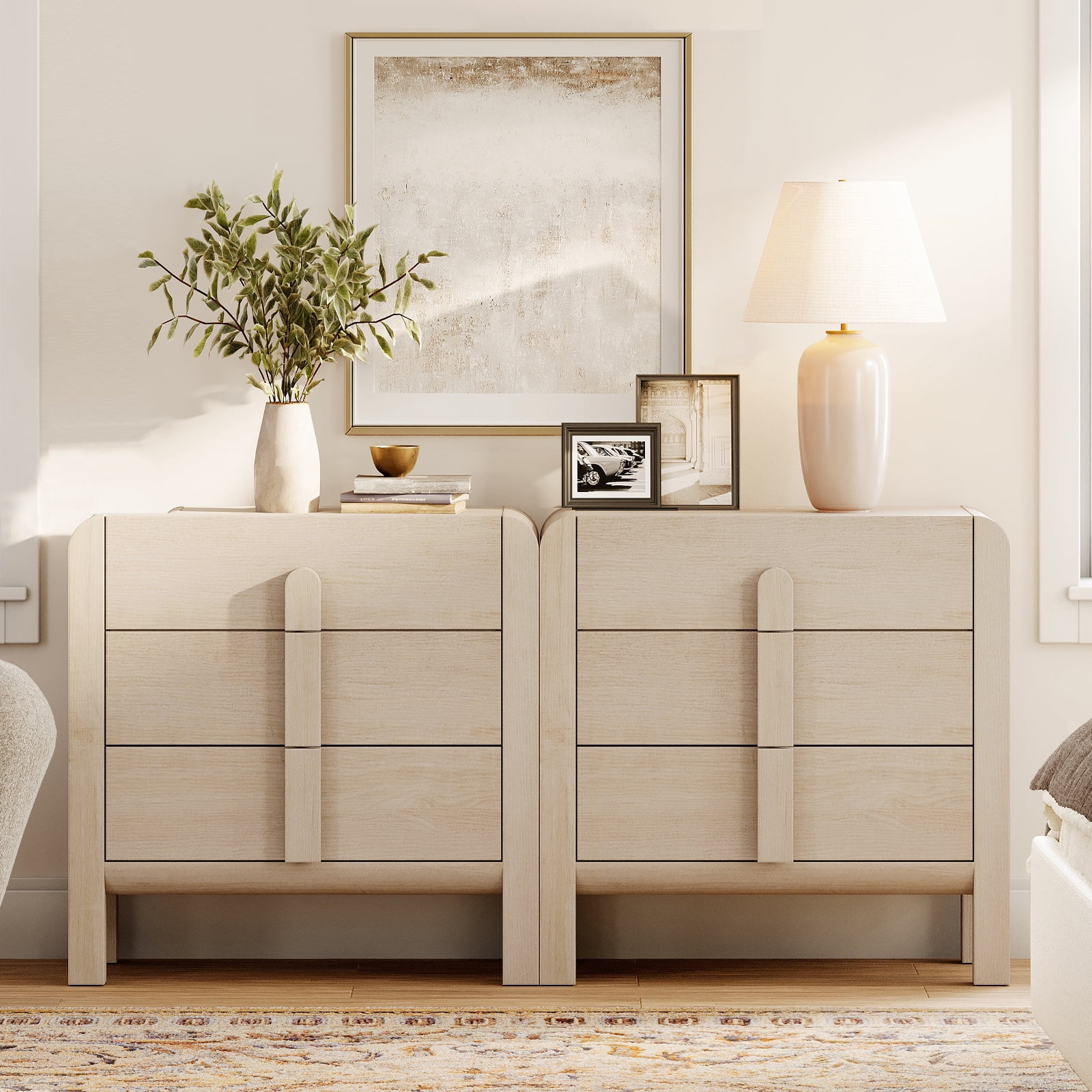 3 Drawer Curved Dresser for Bedroom Set of 2, Mid Century Modern Chest of Drawers, Wood Storage 6 Drawer Dresser Organizer for Bedroom Living Room Hallway Closet