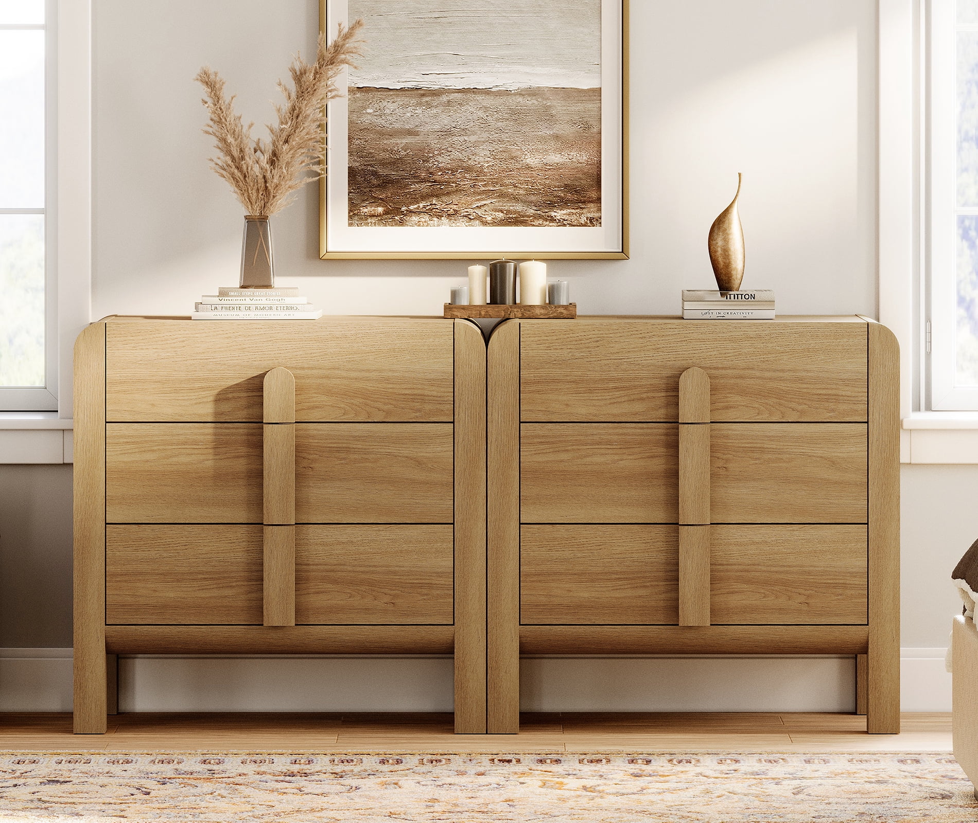 3 Drawer Curved Dresser for Bedroom Set of 2, Mid Century Modern Chest of Drawers, Wood Storage 6 Drawer Dresser Organizer for Bedroom Living Room Hallway Closet