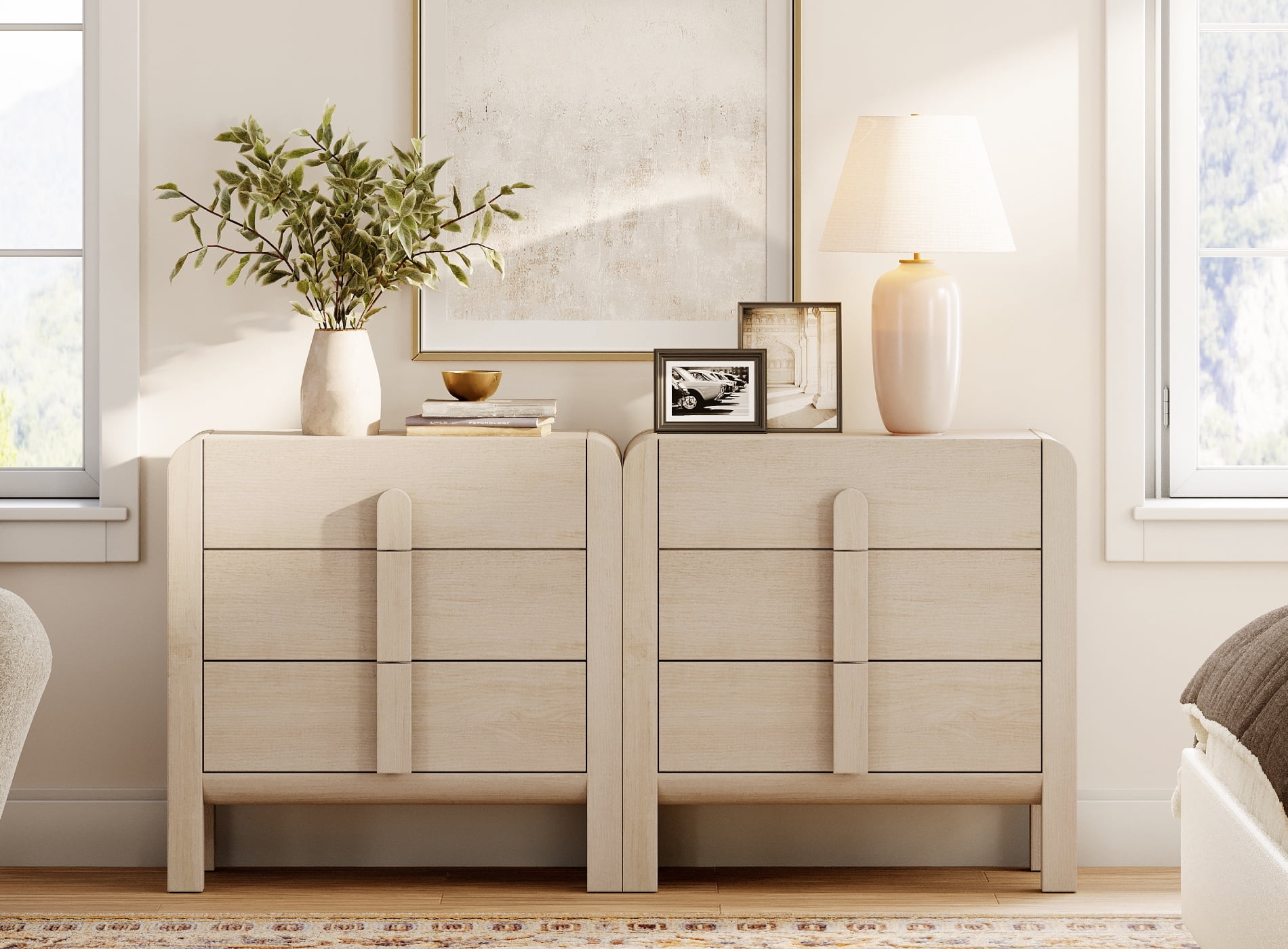 3 Drawer Curved Dresser for Bedroom Set of 2, Mid Century Modern Chest of Drawers, Wood Storage Dresser Organizer for Bedroom Living Room Hallway Closet