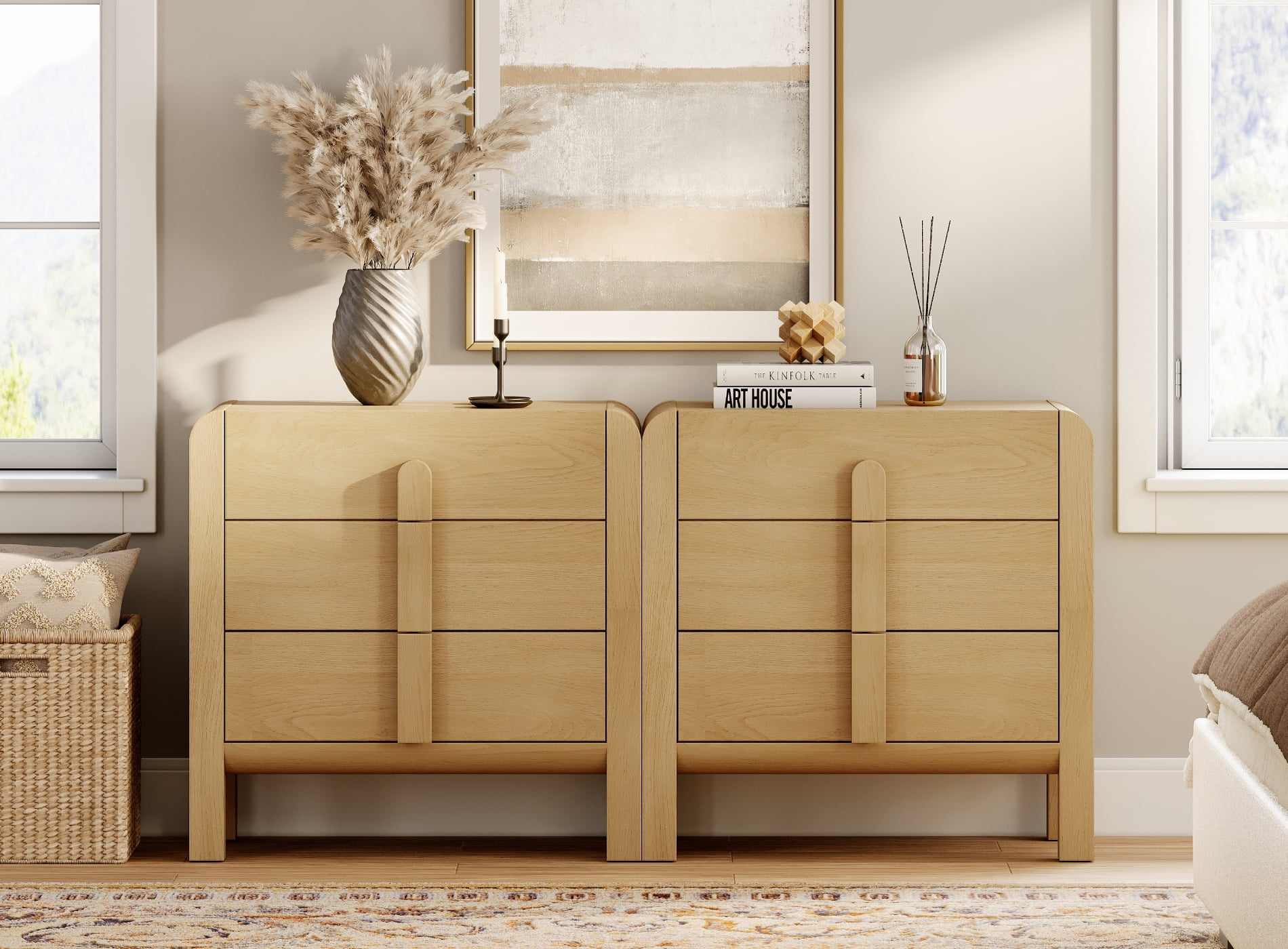 3 Drawer Curved Dresser for Bedroom Set of 2, Mid Century Modern Chest of Drawers, Wood Storage Dresser Organizer for Bedroom Living Room Hallway Closet