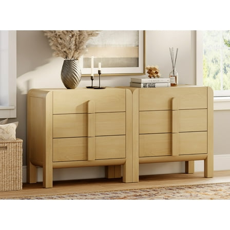 3 Drawer Curved Dresser for Bedroom Set of 2, Mid Century Modern Chest of Drawers, Wood Storage Dresser Organizer for Bedroom Living Room Hallway Closet