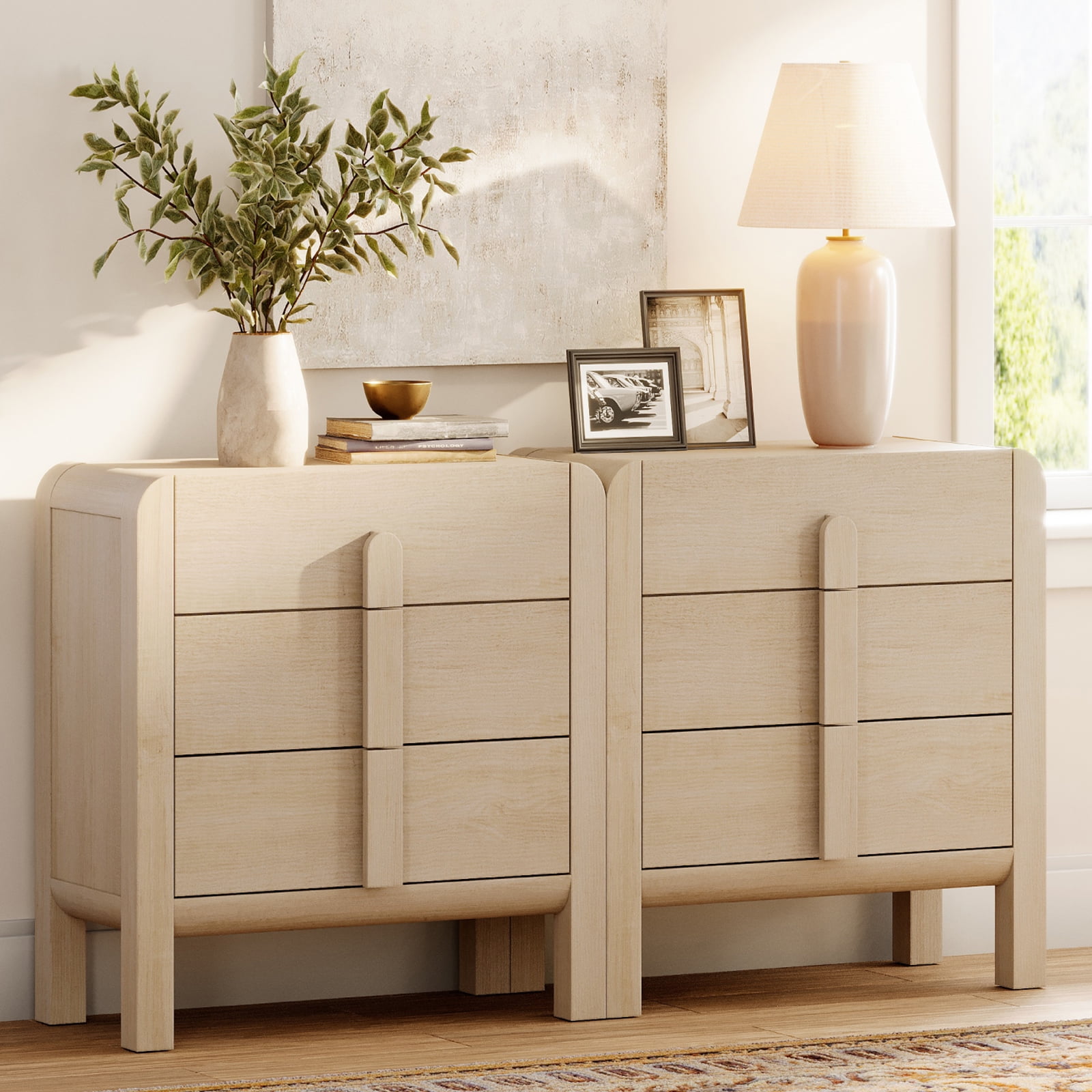 3 Drawer Curved Dresser for Bedroom Set of 2, Mid Century Modern Chest of Drawers, Wood Storage Dresser Organizer for Bedroom Living Room Hallway Closet