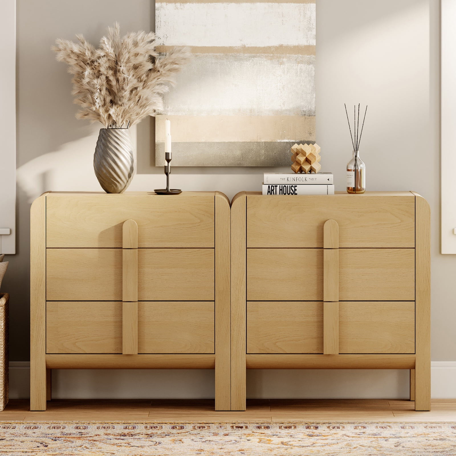 3 Drawer Curved Dresser for Bedroom Set of 2, Mid Century Modern Chest of Drawers, Wood Storage Dresser Organizer for Bedroom Living Room Hallway Closet