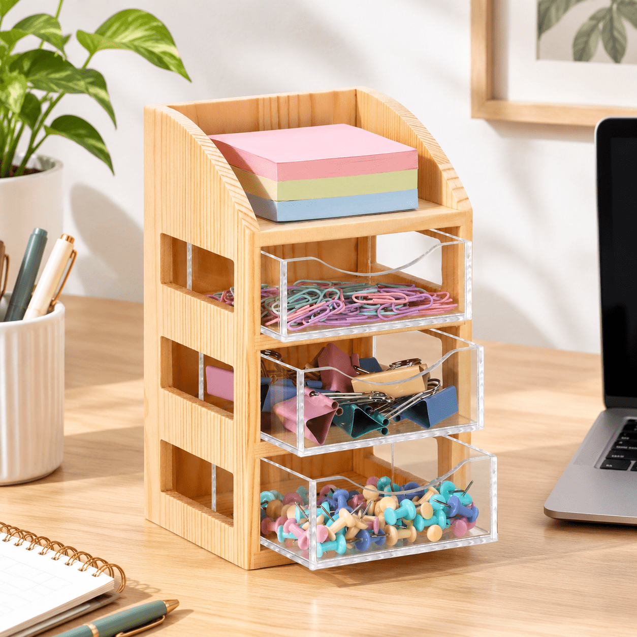 Desk Paper Note 3 Drawer Desktop Accessory Storsticky Note Holder With Drawersr It Wood ...