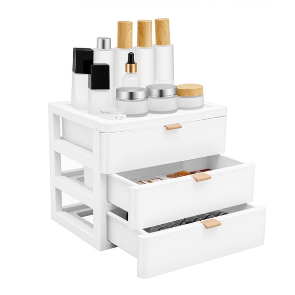 3-Drawer Desktop Storage Box, Stackable White PP Organizer, for Vanity, Desk, Home & Office Small Items Organization