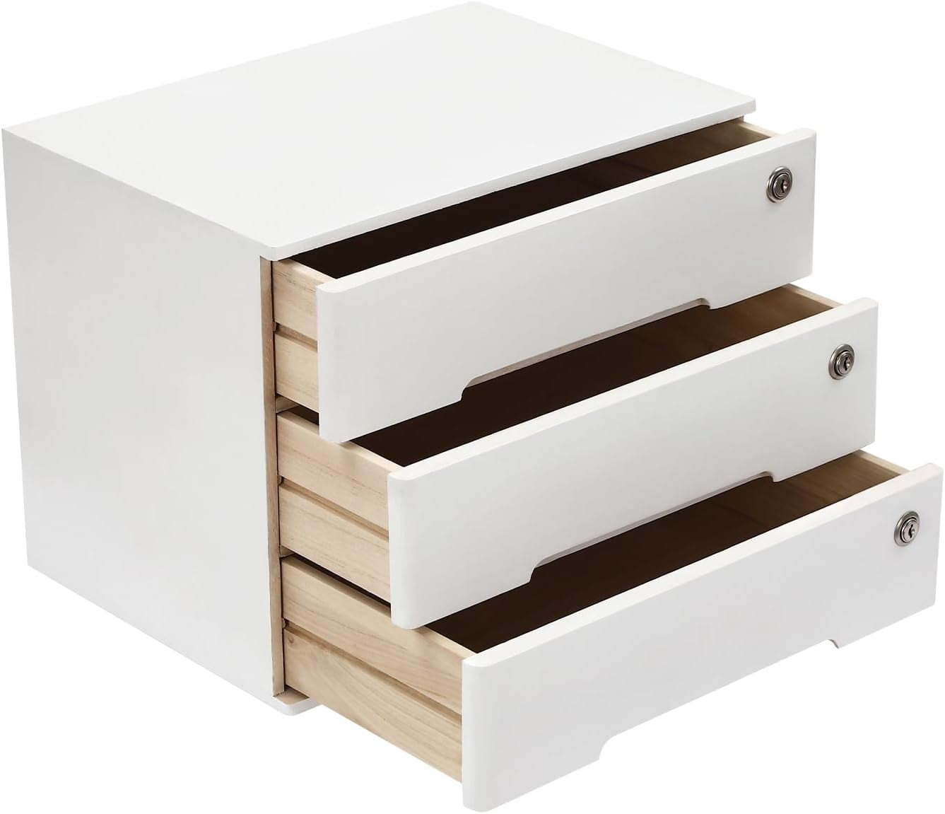 3-Drawer Desktop Storage Cabinet, White Wooden Desk Organizer Cabinet with Lockable Drawers, for Office Home Stationery & Cosmetics Storage