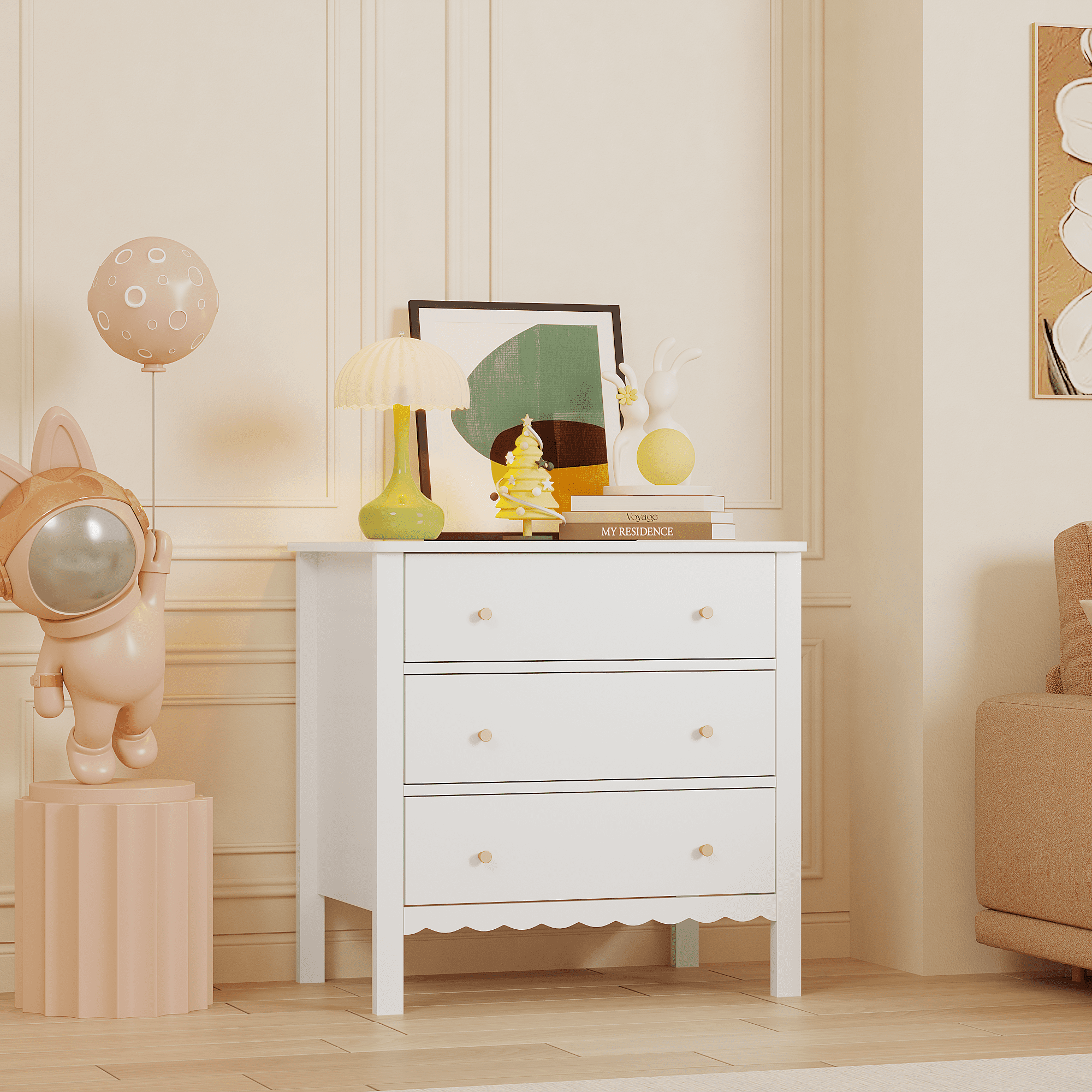 3-Drawer Dresser 31.5x15.7x31.5 Inch White MDF with Gold Knobs for Bedroom Nursery Kids Room