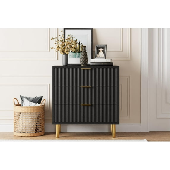3 Drawer Dresser for Bedroom, 30” Tall Dresser Organizer, Wood Dresser with Metal Legs, Modern Chest of Drawers, Large Dresser for Closet, Living Room, Hallway
