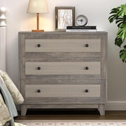 3 Drawer Dresser for Bedroom, Boho Small Natural Rattan Closet Dressers Chest of Drawers, Modern Wood Clothes Storage Organizer with Wooden Feet and Handles for Hallway, Living Room, Entryway, Grey