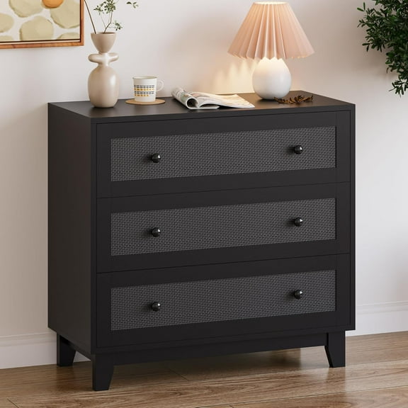 FANRAL 3 Drawer Dresser for Bedroom,Boho Small Natural Rattan Closet Dressers Chest of Drawers,Modern Wood Clothes Storage Organizer with Wooden Feet and Handles for Hallway,Living Room,Entryway