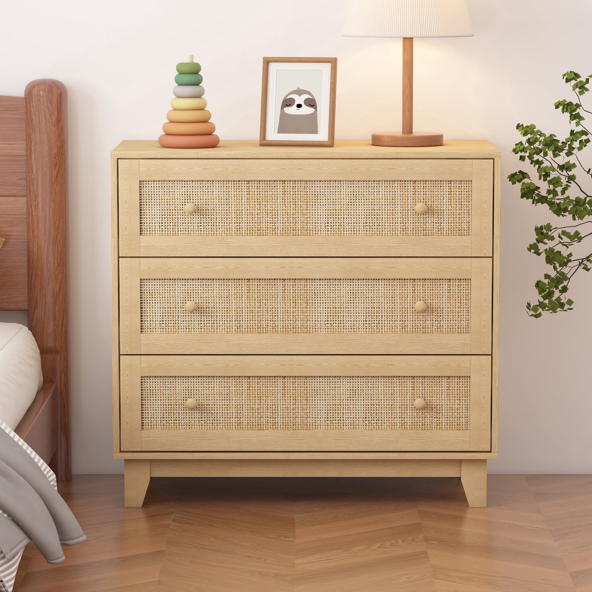 FANRAL 3 Drawers Dresser for Bedroom,Boho Small Natural Rattan Closet Dresser Chest of Drawers,Modern Wood Clothes Storage Organizer with Wooden Feet and Handles for Hallway,Living Room,Entryway