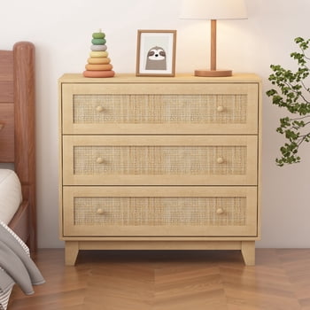 FANRAL 3 Drawers Dresser for Bedroom,Boho Small Natural Rattan Closet Dresser Chest of Drawers,Modern Wood Clothes Storage Organizer with Wooden Feet and Handles for Hallway,Living Room,Entryway