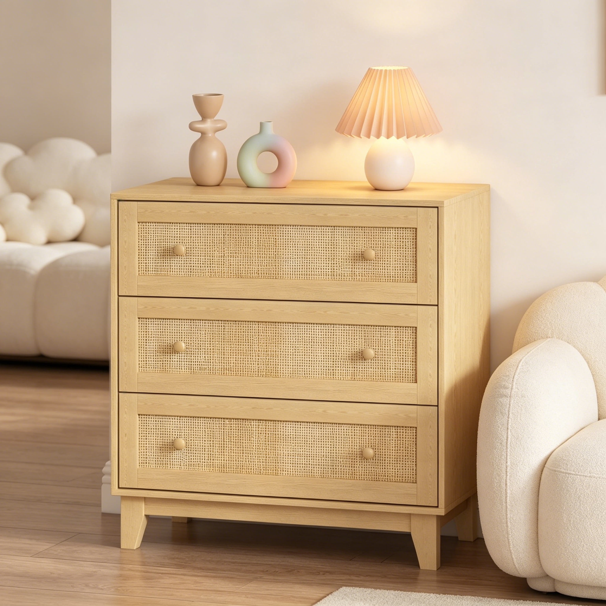 3 Drawer Dresser for Bedroom, Boho Small Natural Rattan Closet Dressers Chest of Drawers, Modern Wood Clothes Storage Organizer with Wooden Feet and Handles for Hallway, Living Room, Entryway