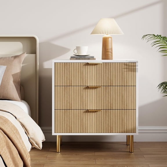 3 Drawer Dresser for Bedroom, Large Nightstand Chest of Drawers, Modern Wood Storage Dresser Organizer with Gold Metal Handles & Anti-Tipping Device for Hallway, Entryway, 28"x16.9"x30"