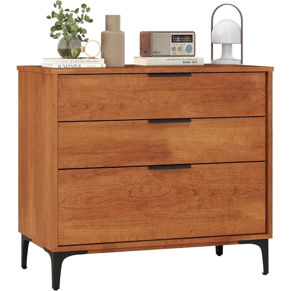 3-Drawer Dresser for Bedroom, Multipurpose Chest of Drawers, Mid-Century Modern Storage Cabinet with Anti-Tip Kit, Clothes Organizer, 30W Nightstand for Closet, Living Room, Entryway, Cherry