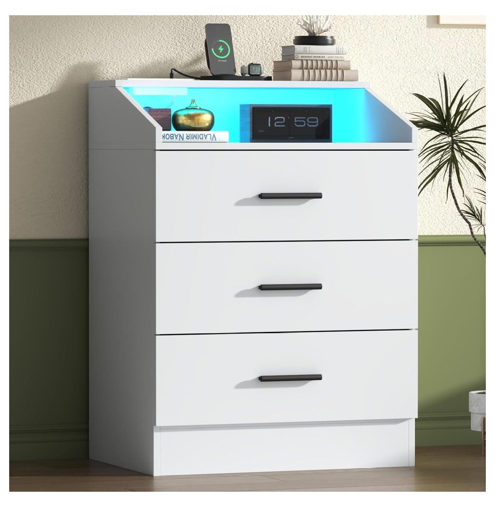 3 Drawer Dresser for Bedroom with Power Outlet, White Dresser with LED Light, Modern Dressers