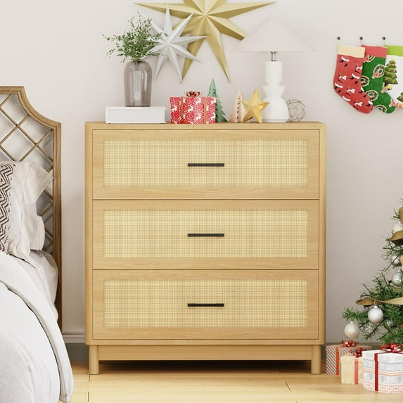 3 Drawer Dresser for Bedroom, Rattan Dresser Chest of Drawers, Nightstand with Rattan Decorated Drawers, Wood Dressers for Living Room Bedroom Hallway