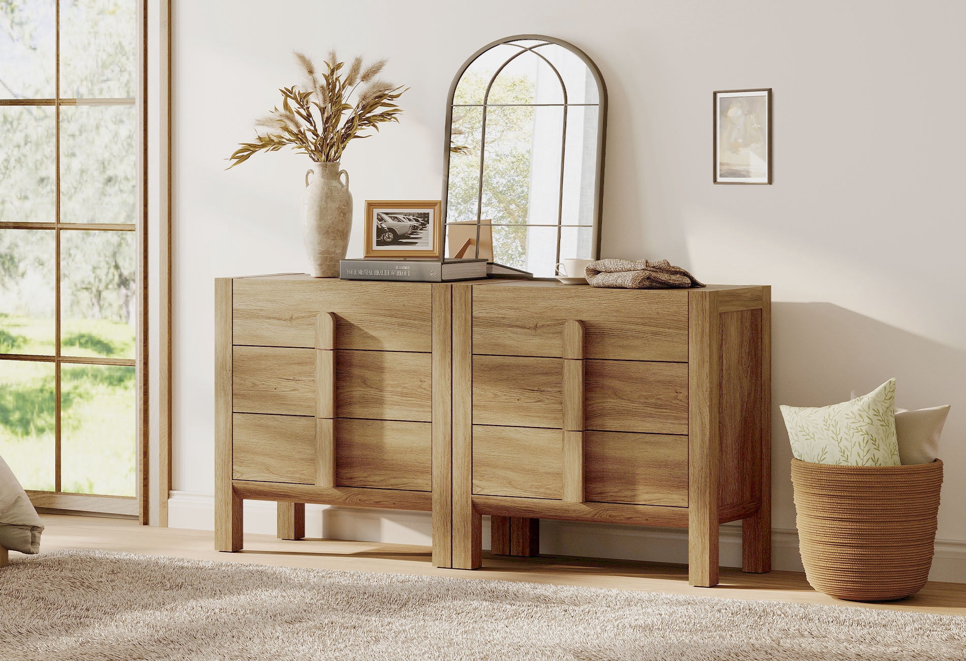 3 Drawer Dresser for Bedroom Set of 2, Mid-Century Modern Chest of Drawers, Wood Storage 6 Drawer Dresser Organizer for Bedroom Living Room Hallway Closet