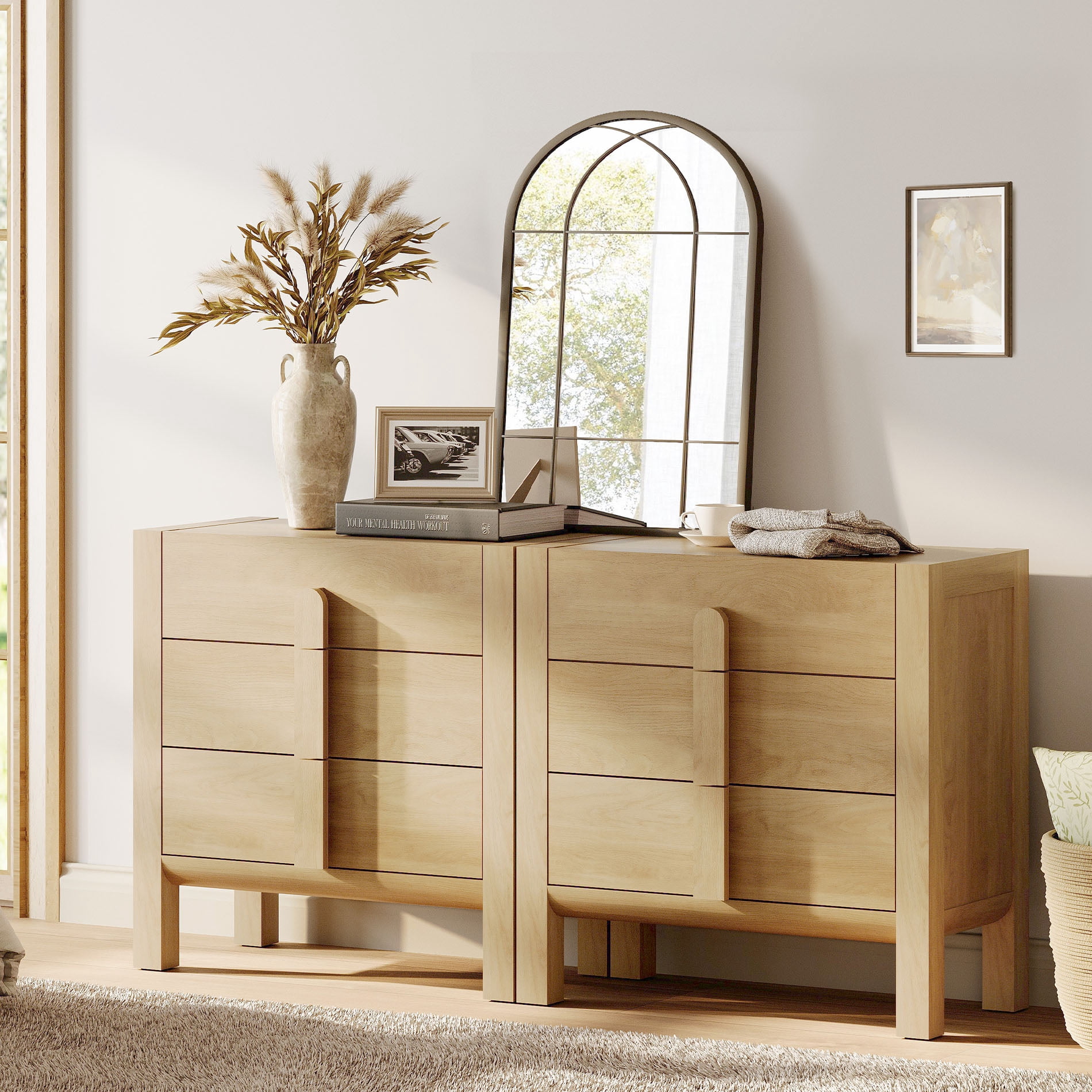 3 Drawer Dresser for Bedroom Set of 2, Mid-Century Modern Chest of Drawers, Wood Storage 6 Drawer Dresser Organizer for Bedroom Living Room Hallway Closet