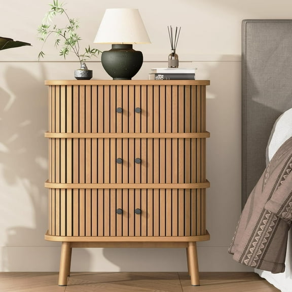 3 Drawer Dresser, Chest of Drawers for Bedroom, Nightstand, Spacious Storage Boho Wicker Dresser with Matte Black Handles and Wood Legs for Closet, Hallway, Natural