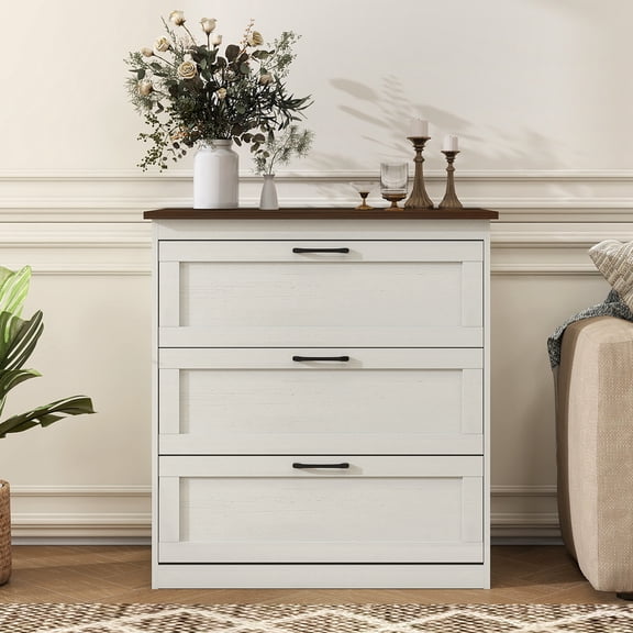 LAZZO 3 Drawer Small Dresser, Farmhouse Wooden Chest of Drawers, Rustic Oak White Storage Cabinet for Bedroom, Living Room, Hallway, Entryway