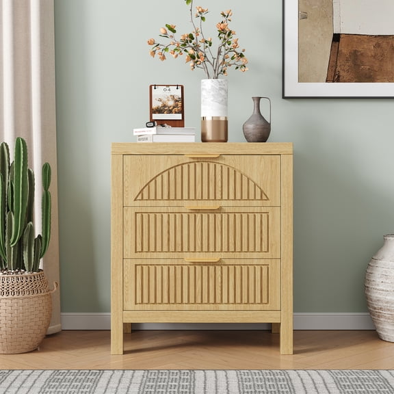 3 Drawer Dresser, Farmhouse Fluted Chest of Drawers, Wooden End Table, Mid- Century Modern Bedroom Nightstand Side Table for Bedrooms, Closets, Hallways, and Entryways, Natural