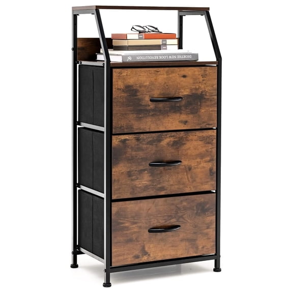 3 Drawer Dresser, Industrial Floor Storage Cabinet with Fabric Drawers and Adjustable Footpads, End Table Side Table Nightstand for Bedroom, Rustic Brown