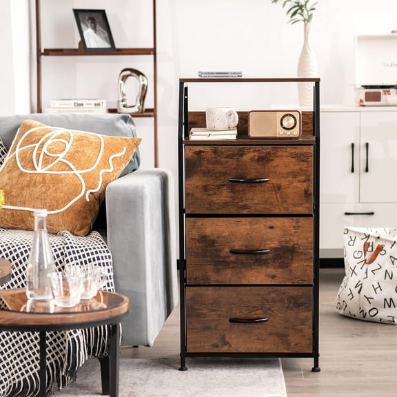 3 Drawer Dresser, Industrial Floor Storage Cabinet with Fabric Drawers and Adjustable Footpads, End Table Side Table Nightstand for Bedroom, Rustic Brown