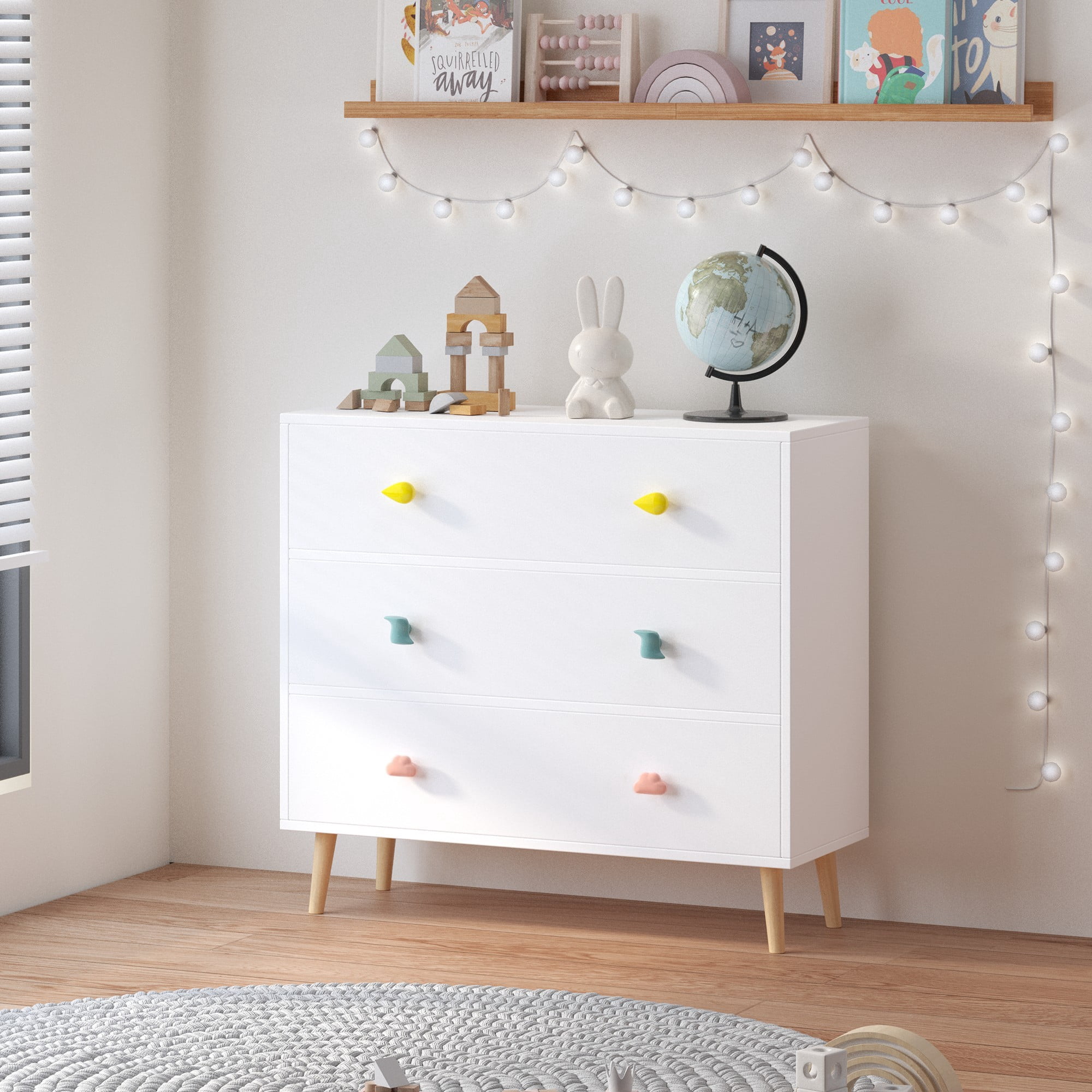 3 Drawer Dresser Kids Nightstand Modern Wood Chest of Drawers or Living Room,Nursery,Bedroom,White