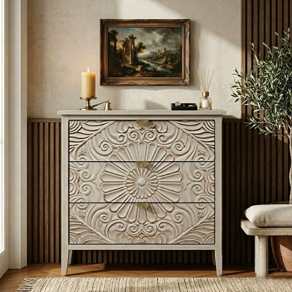 LFGUIZO 31.5" Vintage Color Accent Cabinet with 3 Drawers, American Style  of  Drawers with 3D Embossed  Panels for Living Room