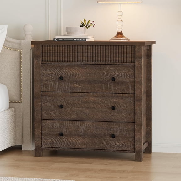 3 Drawer Dresser, Modern Fluted Nightstand, Wooden Chest of Drawers, Storage End Table Organizer for Bedroom, Living Room, Hallway, Walnut