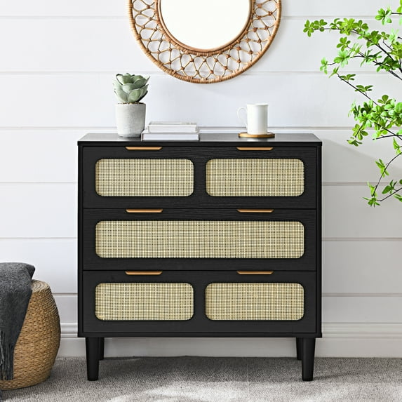 3 Drawer Dresser,Modern Rattan Drawer Chest with Wide Drawers and Metal Handles,Farmhouse Wood Storage Cabinet for Bedroom,Living Room,Hallway,Entrance,Black