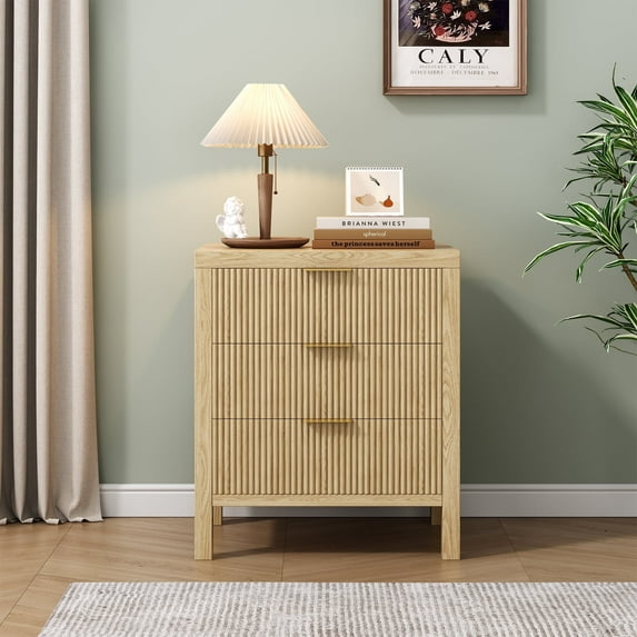 3 Drawer Dresser, Modern Wooden Storage Chest of Drawers, Grooved Dresser with Corrugated Panel, for Bedroom, Hallway, Entryway, Nature