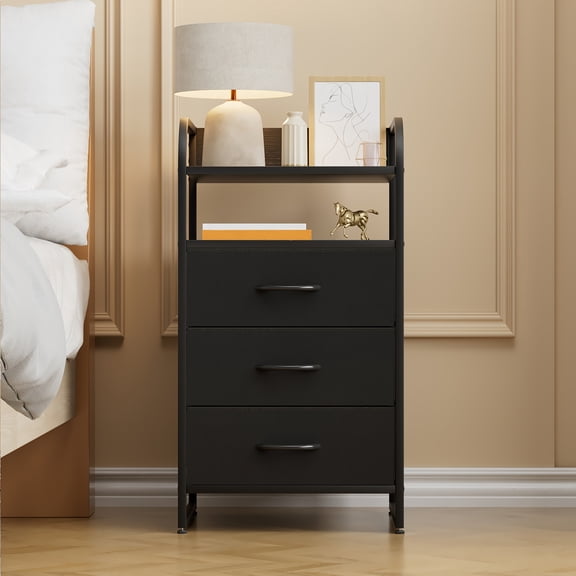 3-Drawer Dresser Nightstand - Fabric Drawers & Black/Brown. Openable Shelf for Easy Access, Room Decor Perfect.