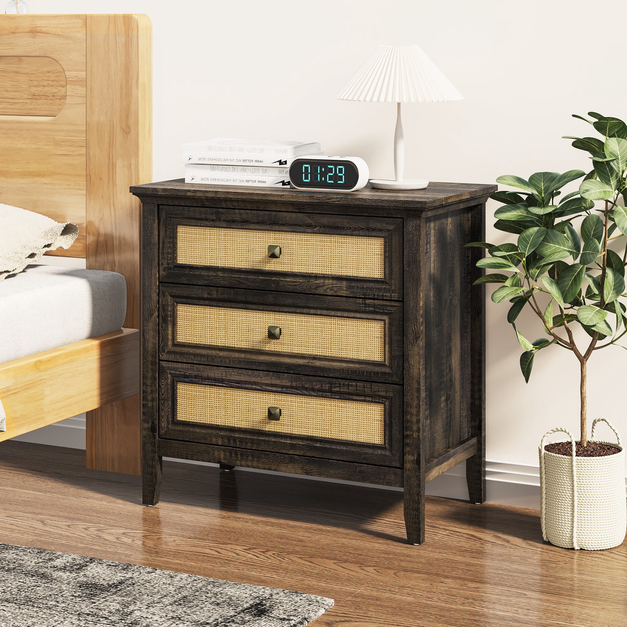 3 Drawer Dresser Rattan Dresser Wood Chest of Drawers Farmhouse Closet Dressers Modern Bedside Table Rustic Nightstand Storage Cabinet for Bedroom, Hallway, Living Room