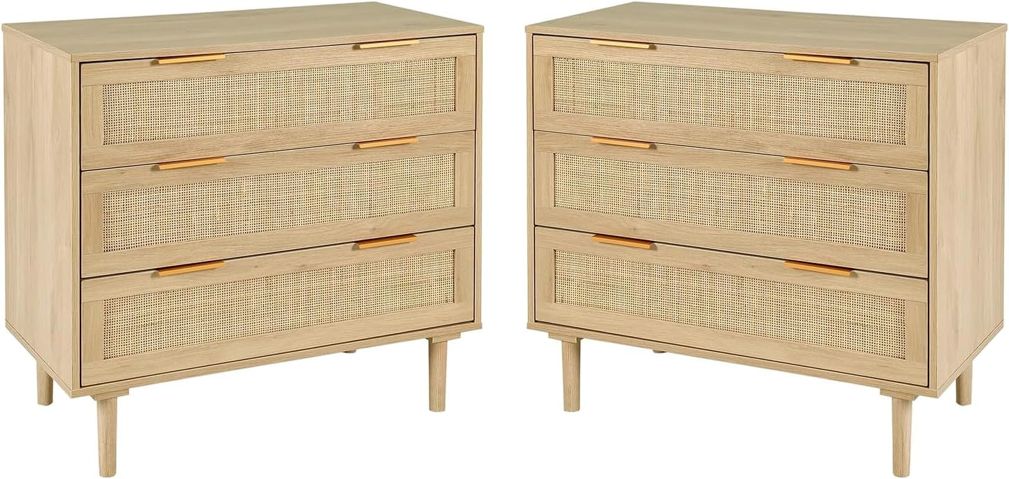 3 Drawer Dresser Set of 2 for Bedroom, Oak Rattan Dresser Closet ...